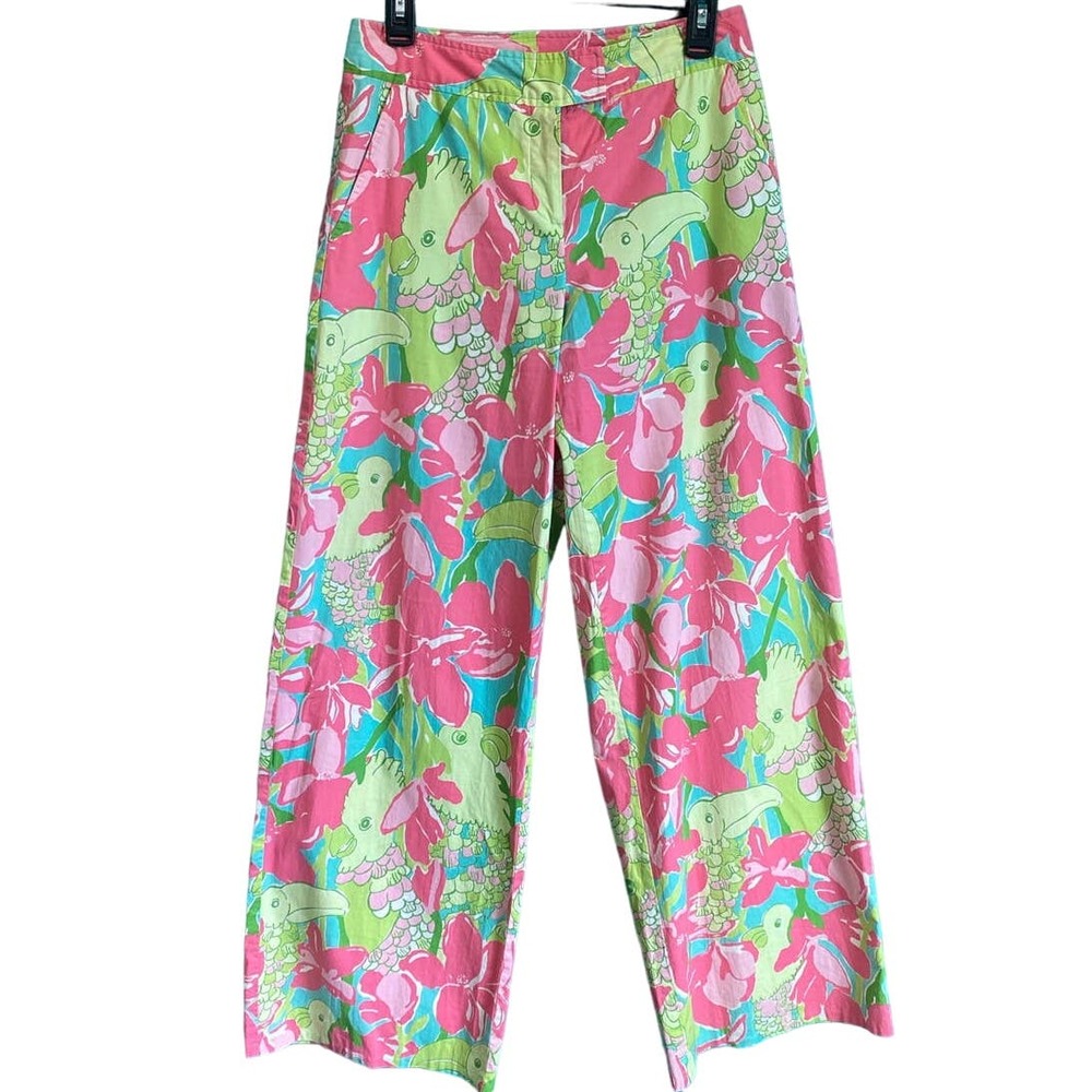 Lilly Pulitzer Parrots in Paradise Pink & Green Wide Leg Pants Women's 4